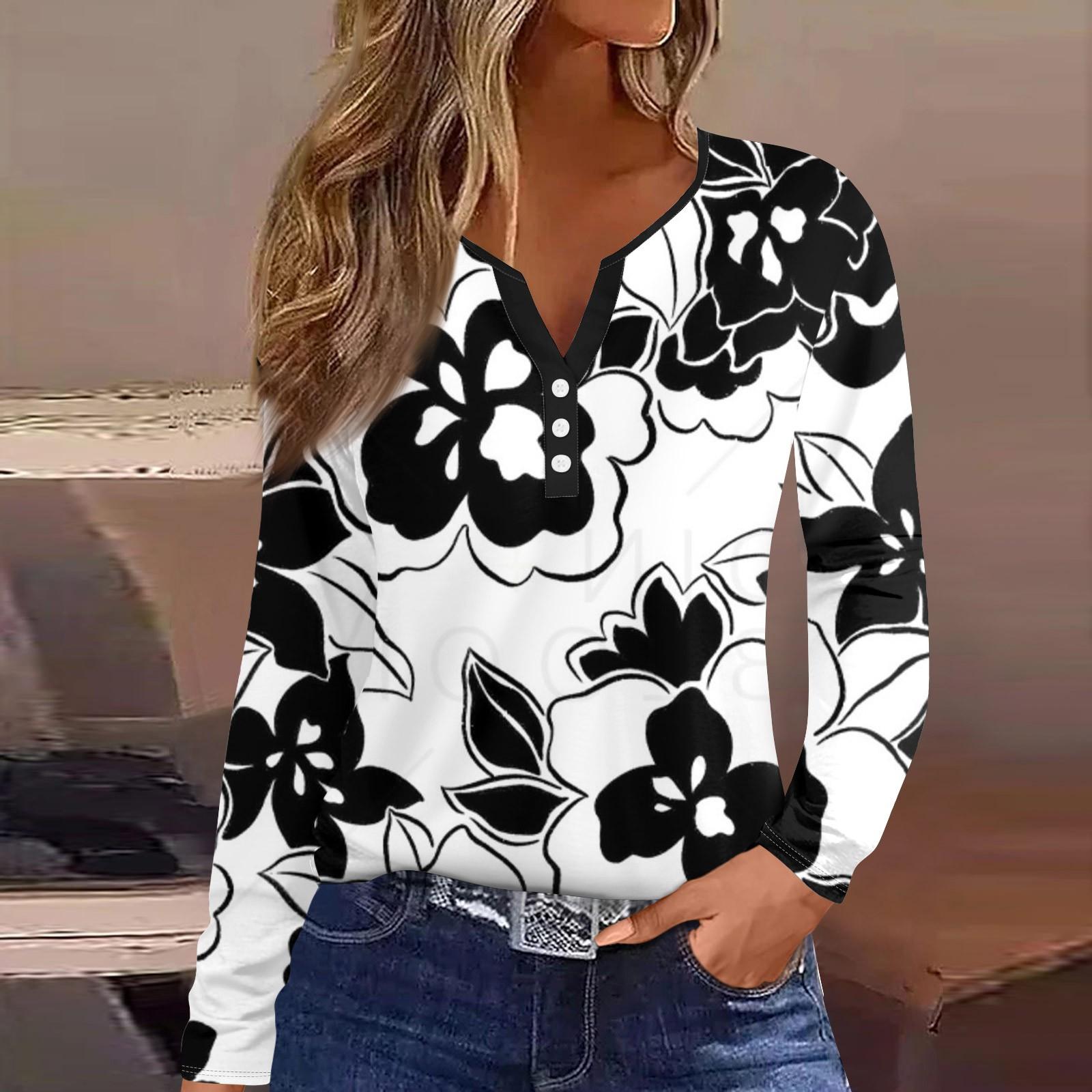

Женская мода, повседневная футболка с цветочным принтом, V-образным вырезом, длинными рукавами и пуговицами, топ с длинными рукавами XXXL чёрный