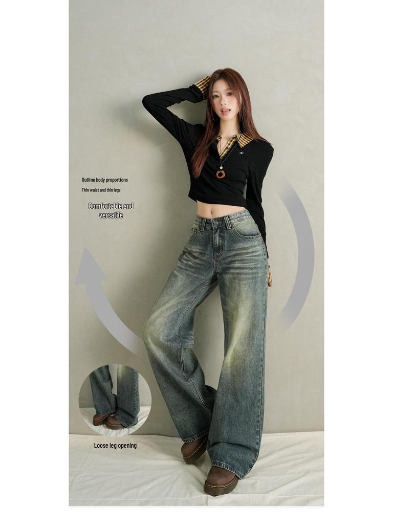 2025 Autumn/Winter Women's Sleek Low-Waist American Loose Straight-Leg Floor-Length Wide-Leg Jeans