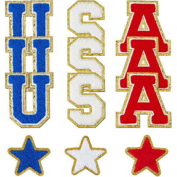 SUPERFINDINGS 12Pcs USA Letter Patch Patriotic Iron On Patch Star Embroidered Applique Patches Glitter Red White Blue USA Chenille Patches for