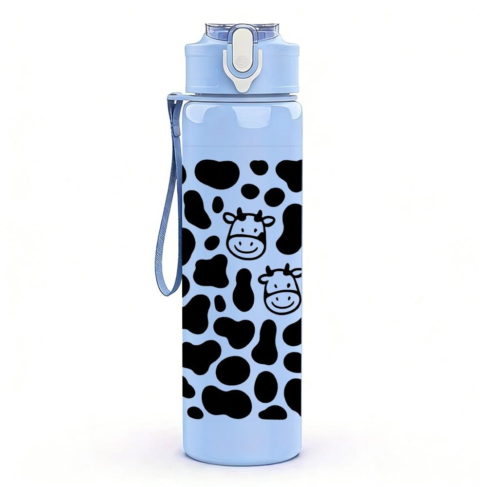 1PC Black White Cow Head Pattern 750ml Color Plastic Sports Water Bottle Leakproof Flip Straw Lid Suitable for Sports Office Home Use