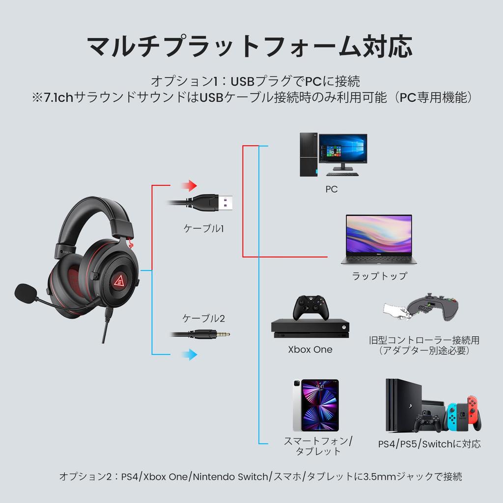 EKSA Gaming Wired with Channel Surround Detachable RGB 50mm Noise High Sound Plug Compatible with and Headset, Microphone, 7.1 Sound, 3.5mm/USB