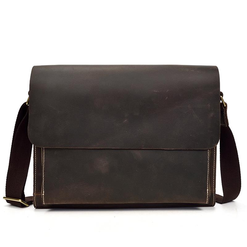 Men'S Genuine Leather Shoulder Bag Crazy Horse Leather Messenger Bag First Layer Cowhide Flip Shoulder Bag Casual Bag