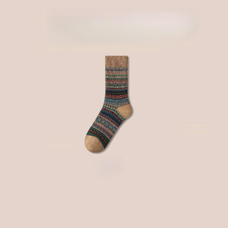 Ethnic-style Socks for Women In Winter, Thickened with Fleece, Warm Striped, Retro Long Tube with Loops, Women's Growth Socks, Cotton Socks