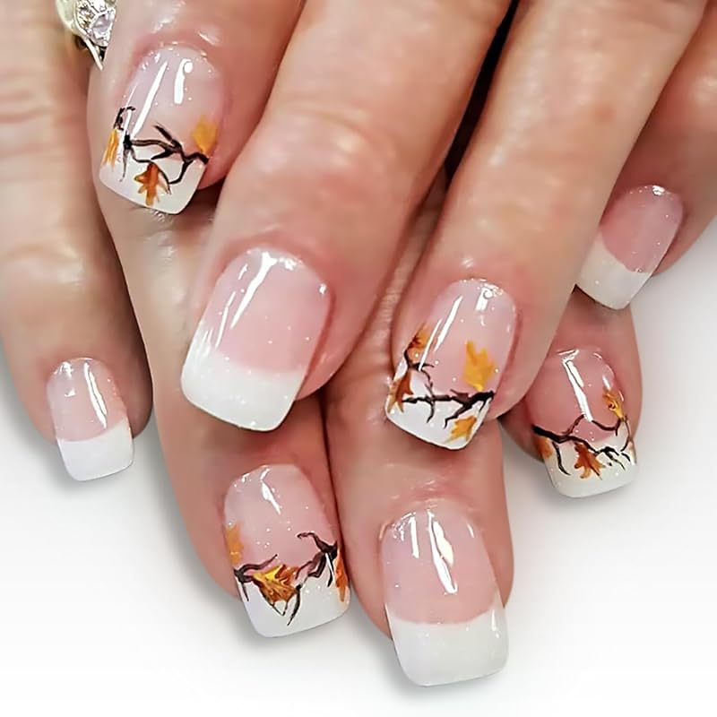 Fall Press on Nails Long Ballerina Coffin Nails Thanksgiving Maple Leaf Acrylic Glue on Nail Glossy Autumn Gold Maple Leaves Fake Nail for Women DIY