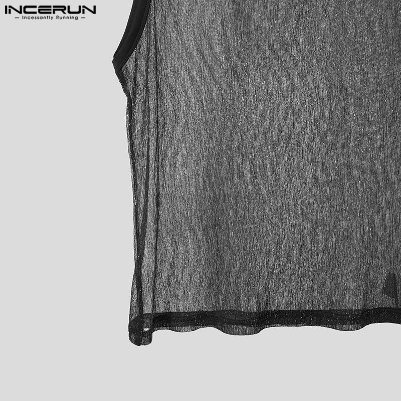 INCERUN Maiouri Transparente din Plasă Sheer cu Sclipici, Fără Mâneci, cu Guler Pătrat pentru Bărbați