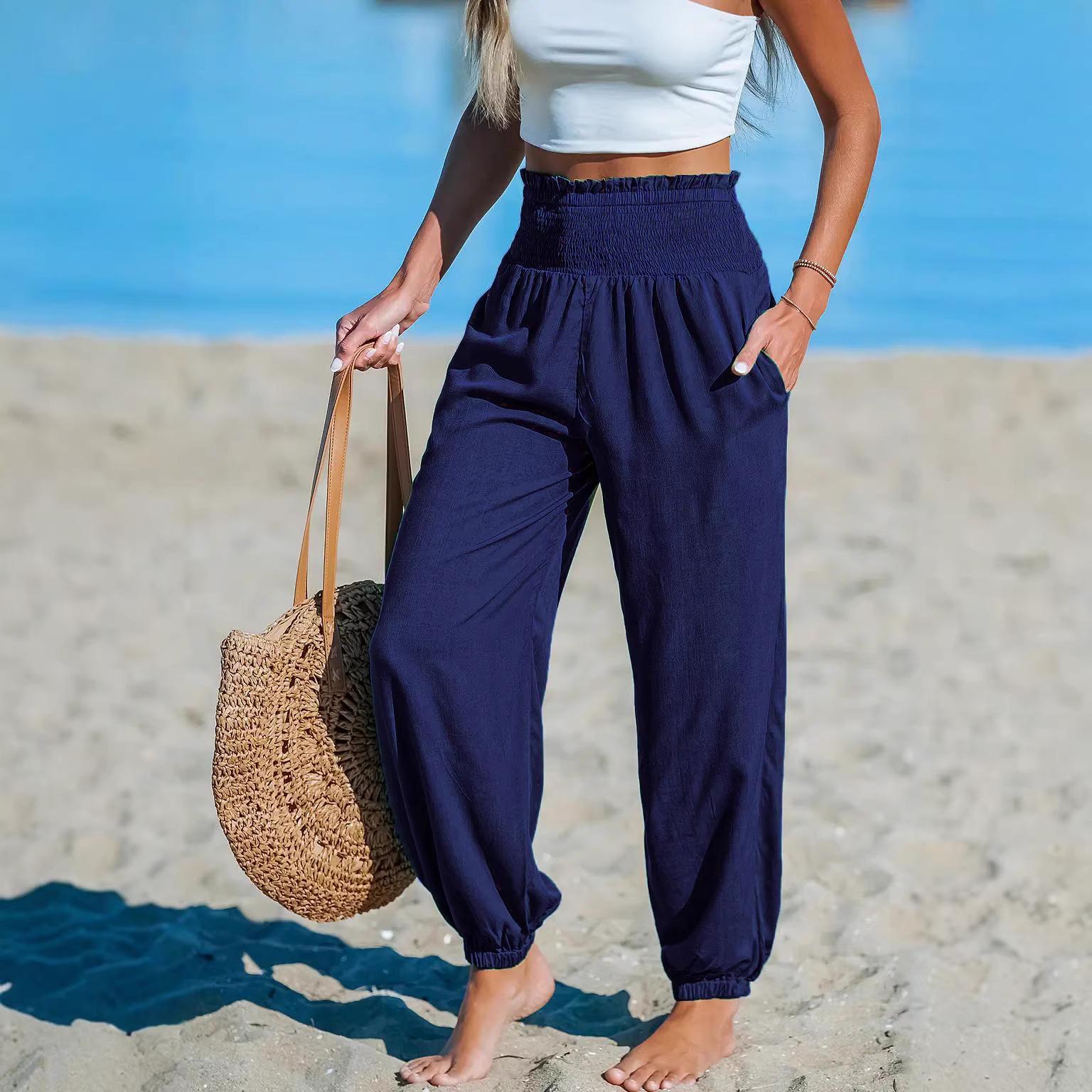 Women s High Waist Drawstring Jogger Pants with Pockets Casual Loose Fit Trousers S темно-синий