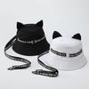 Cat ears white bucket hat men and women summer streamer letter washbasin hat plain sun hat