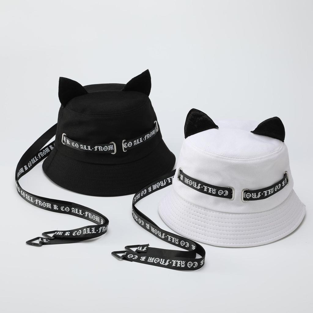 Cat ears white bucket hat men and women summer streamer letter washbasin hat plain sun hat