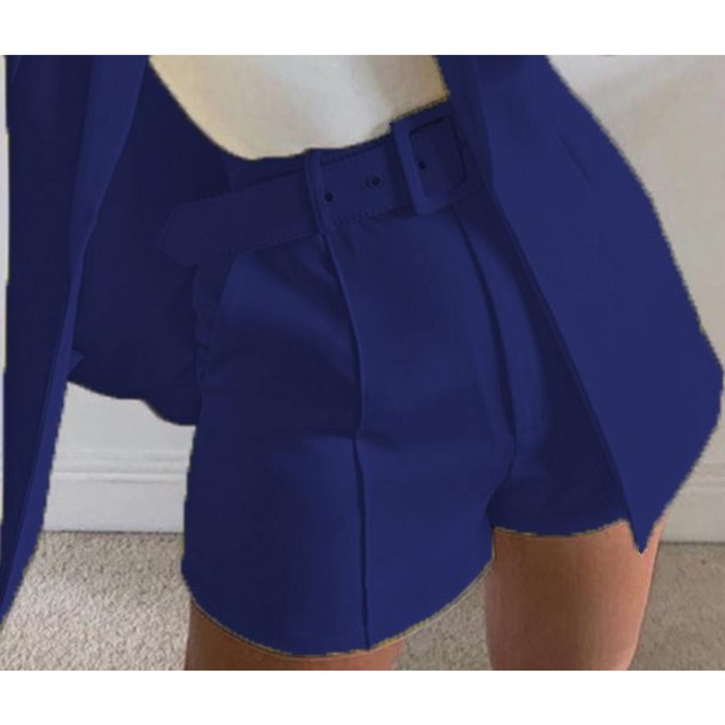 Women's Slim Fit Two Piece Suit Lapel Long Sleeve Blazer High Waist Belted Short Co-ord Outfit Set