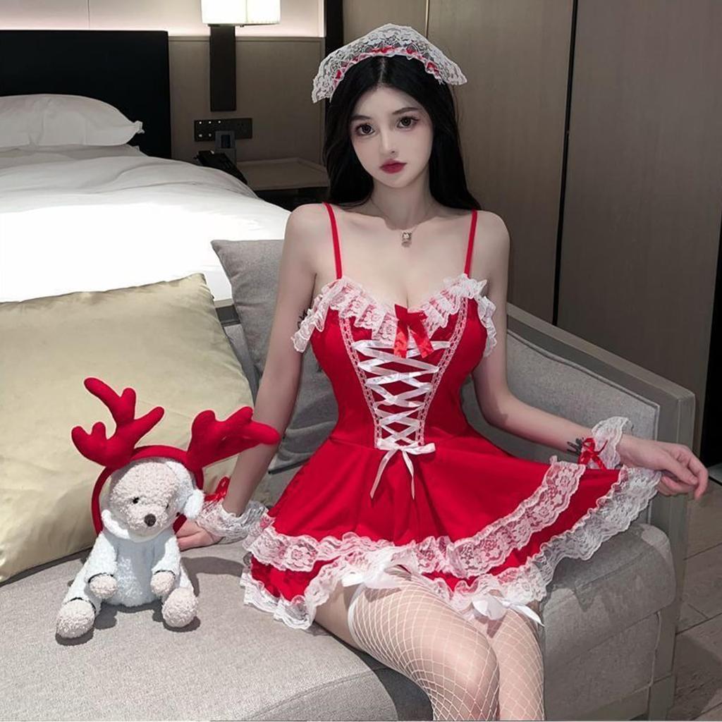 Qecyd Santa Claus Sexy Maid Headband and Mini Skirt Perfect for or As a Dress or Party Set Women's Set, Adults, Christmas, Outfit. 5-Piece