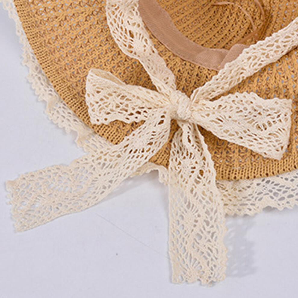 (One Size, Khaki) Women Summer Straw Hat Bucket Cap Lace Patchwork Bucket Hats UV Protection Beach Holiday Sun Hat
