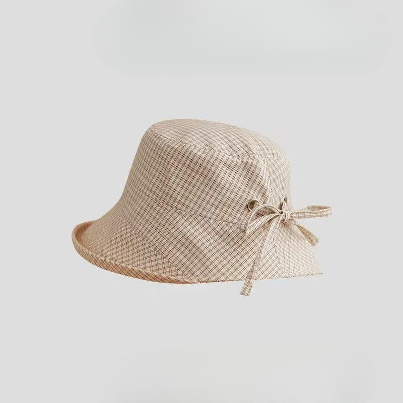 Japanese Fisherman Hat for Women In Summer New Style Small Fresh Plaid Curly Sun Protection Hat Wide Brim Small Basin Hat