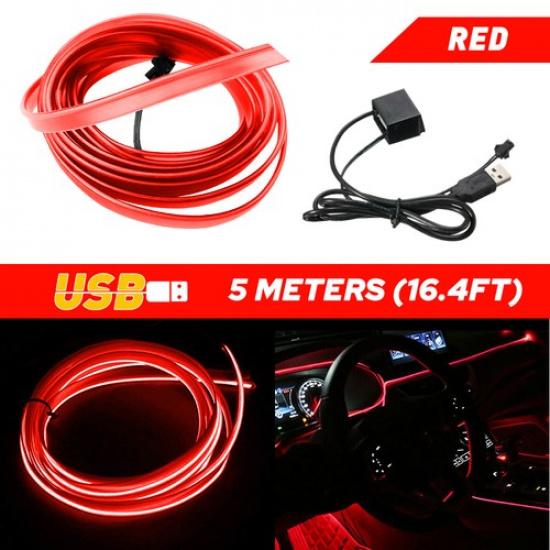 500CM Car LED Interior Atmosphere Decor Wire EL USB Strip Lights Lamp Bulbs Red