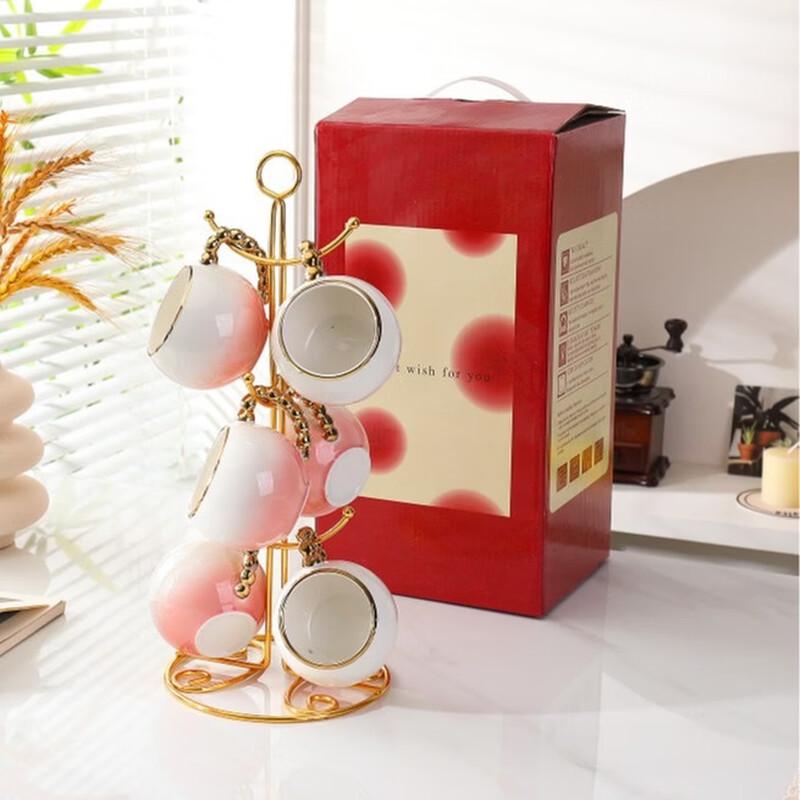 Handun Ceramic Pink Gradient 6-Cup Set with Rack