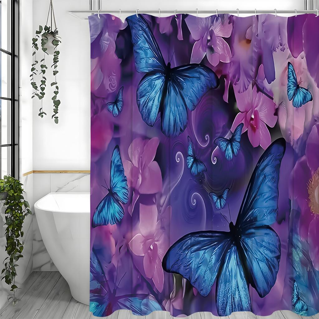 Butterfly Floral Blue and Purple Shower Curtain, Bathroom Decorative Shower Curtain, Waterproof Shower Curtain with Hooks