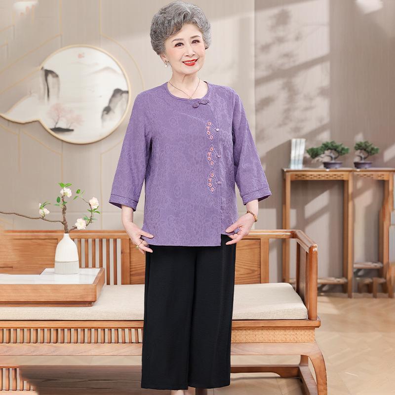 

Grandma s Summer Cotton Linen Suit: Women s Three-Quarter Sleeve Top for Middle-Aged & Elderly Moms XL (80-95 kg)