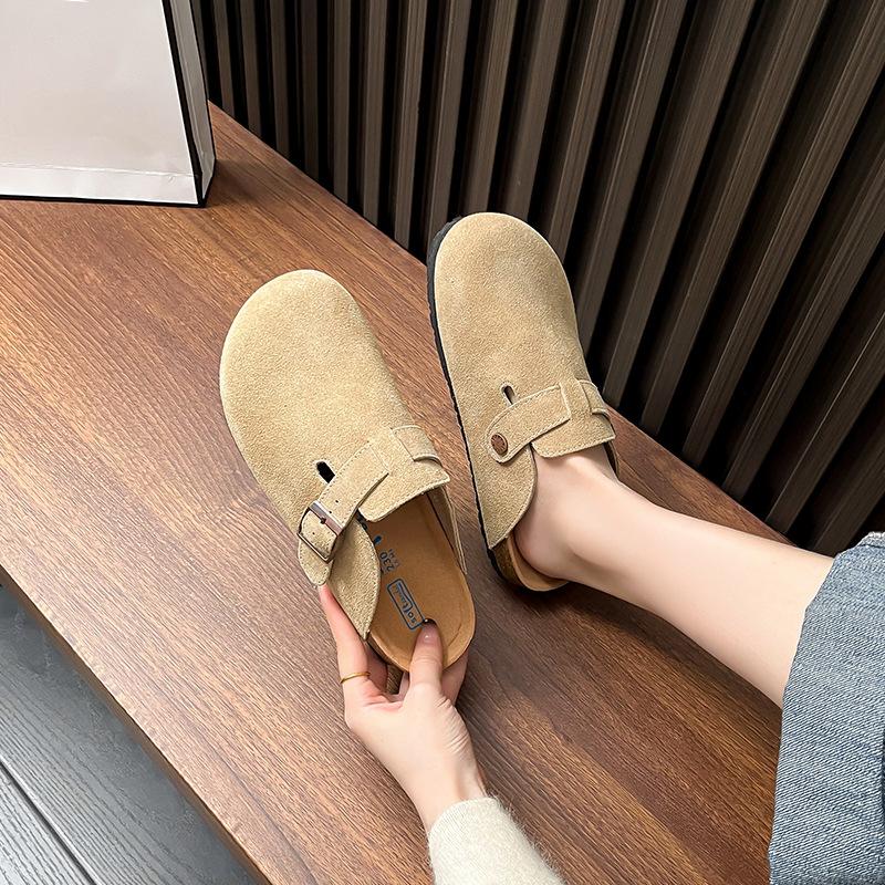 Leather women's one-pedal warm fluffy slippers women's outer bag head half slippers slippers