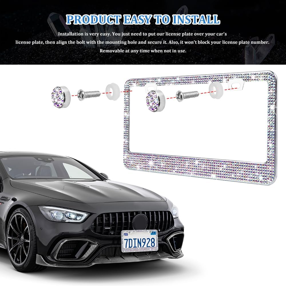 Bling License Plate Frame for Women, License Plate Holder, Sparkly Rhinestone Diamond Tag Holder Frames with Crystal Screws Caps, Stainless Steel