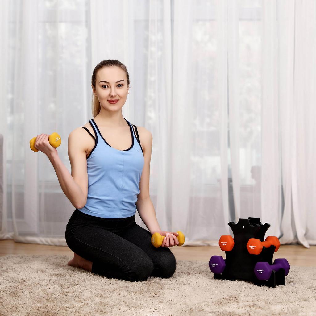SONGMICS Hex Dumbbells Set with Stand, 2 X 1 Kg, 2 X 1.5 Kg, 2 X 2 Kg, Hand Weights with Neoprene Matte Finish, for Home Exercise, Yellow, Orange