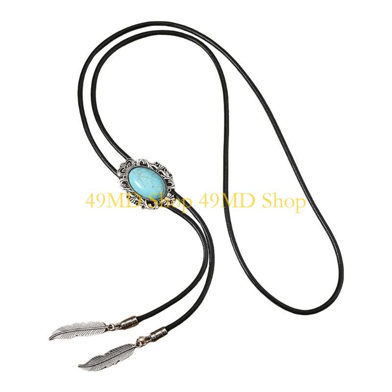 49MD Leather Rope Bolo Tie Vintage Turquoises Western Necklace with Pendant