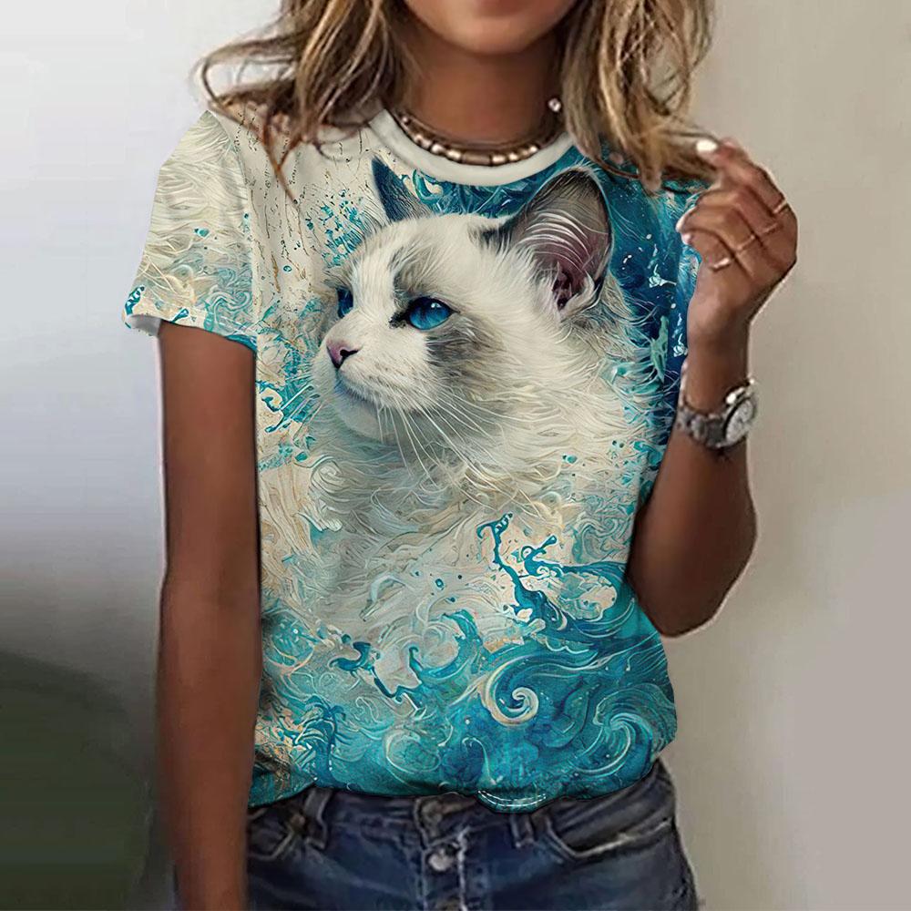 

Женская футболка Волны и кошки 3D-печать Короткий рукав Мода Повседневная Уличная Круглый вырез Оверсайз Летняя женская одежда 3XL
