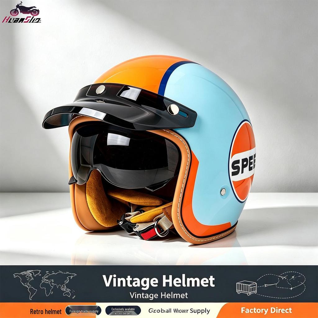 High-Quality Retro Motorcycle Half Helmet with Built-In Goggles for Men and Women