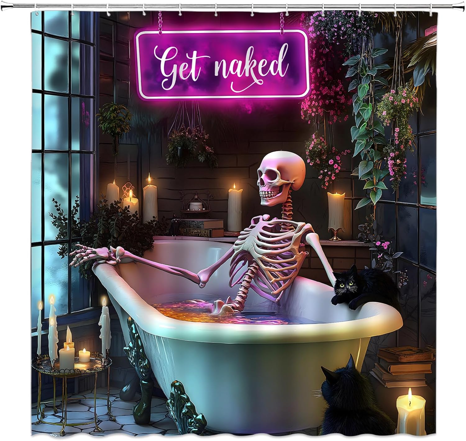 

Funny Gothic Skull Shower Curtain Halloween Spooky Skull Skeleton In Bathtub Green Plant Scary Creative Fabric Bathroom Decor 90x180cm