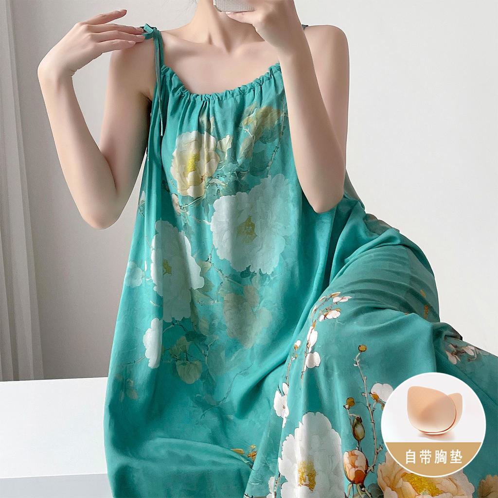 Anti-bump cotton silk suspender nightdress women's summer thin plant flower high-end loungewear with chest pad dress
