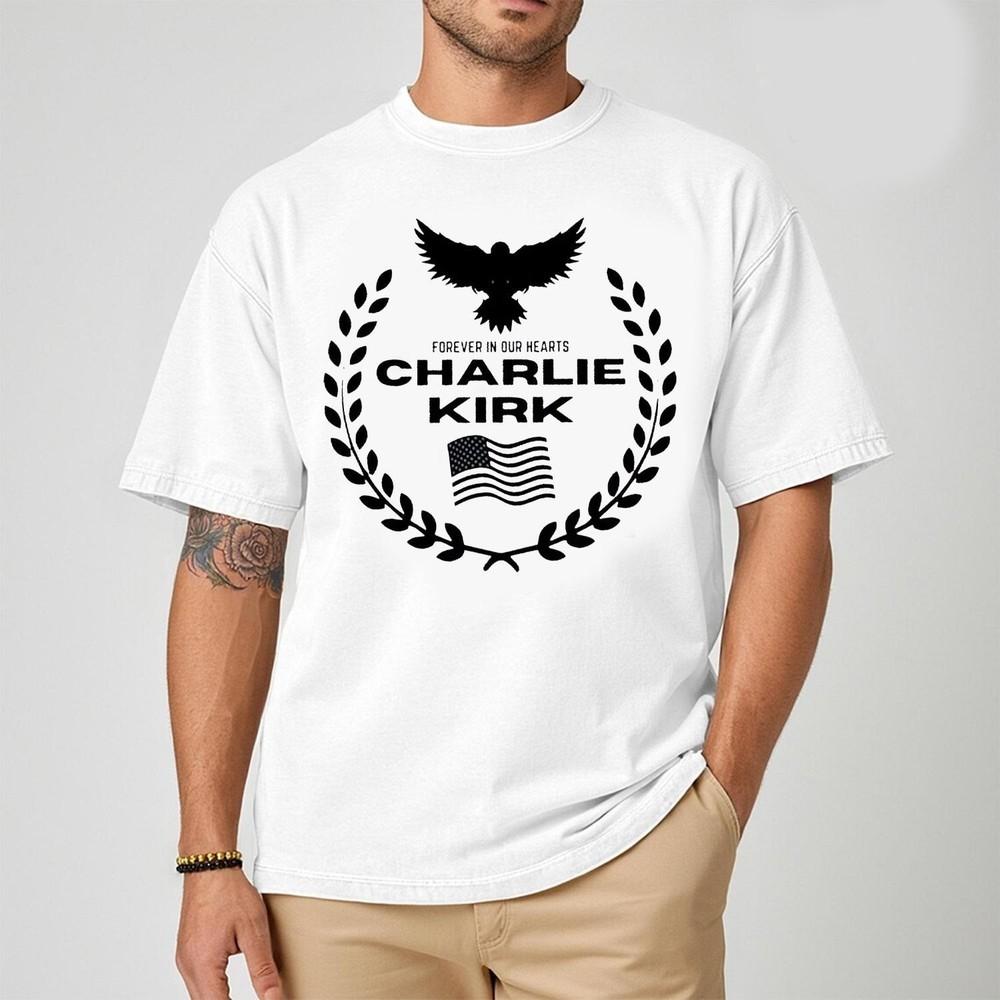 Charlie Kirk Memorial Tee – Patriotic Eagle Wreath “Forever in Our Hearts” Tee Unisex T-Shirt S