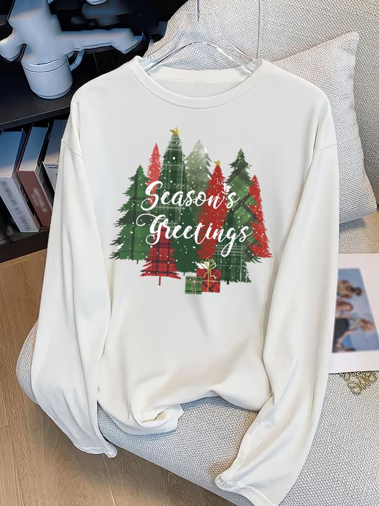 (Asian Size) Bow Tree Style Print T Shirt Christmas New Year Graphic Tee Women Autumn Winter Casual Fashion Top Clothing Long Sleeve T-shirts