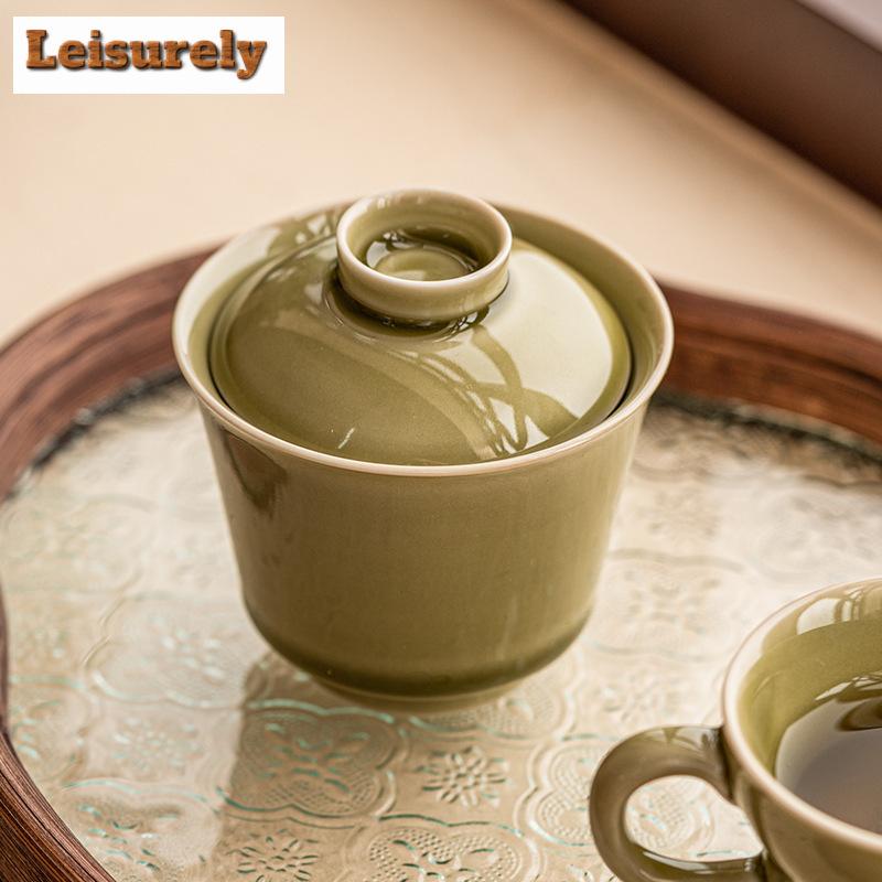 100ml Αισθητικό Κεραμικό Φούρνος Yaozhou Celadon Gaiwan Ρετρό Χρώμα Πράσινο Τσαγιού Ercai Τσαγιέρα με Κάλυμμα Μπολ Ποτό Διακοσμητικά Δώρα