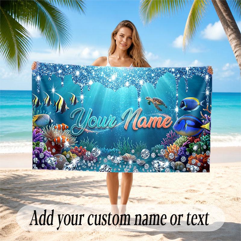 Fish Ocean Theme Beach Towel Personalized Custom Name & Text Soft Quick Dry Beach Towel for Swimming Travel