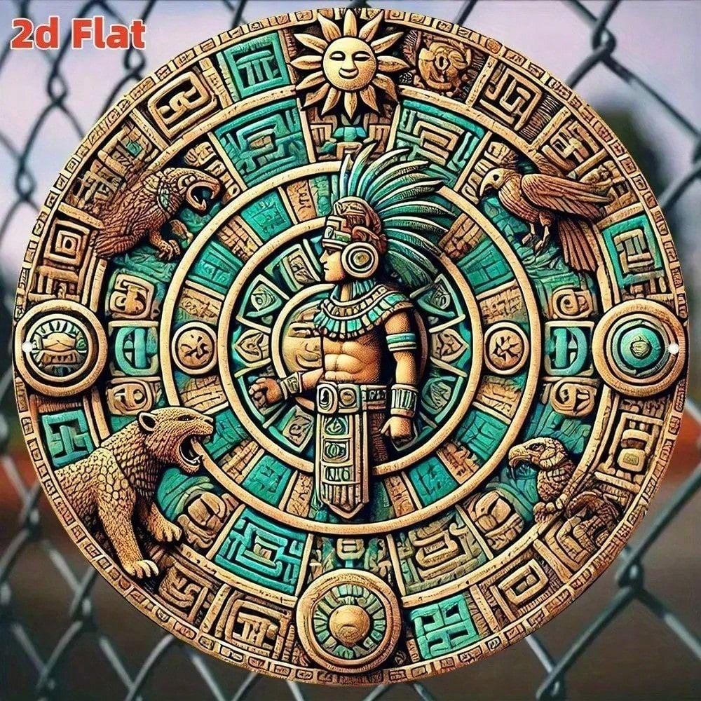 

Metal Wall Art, 2D Maya Calendar, Ancient Aztec Sign, Aluminum Decor for Home Garden