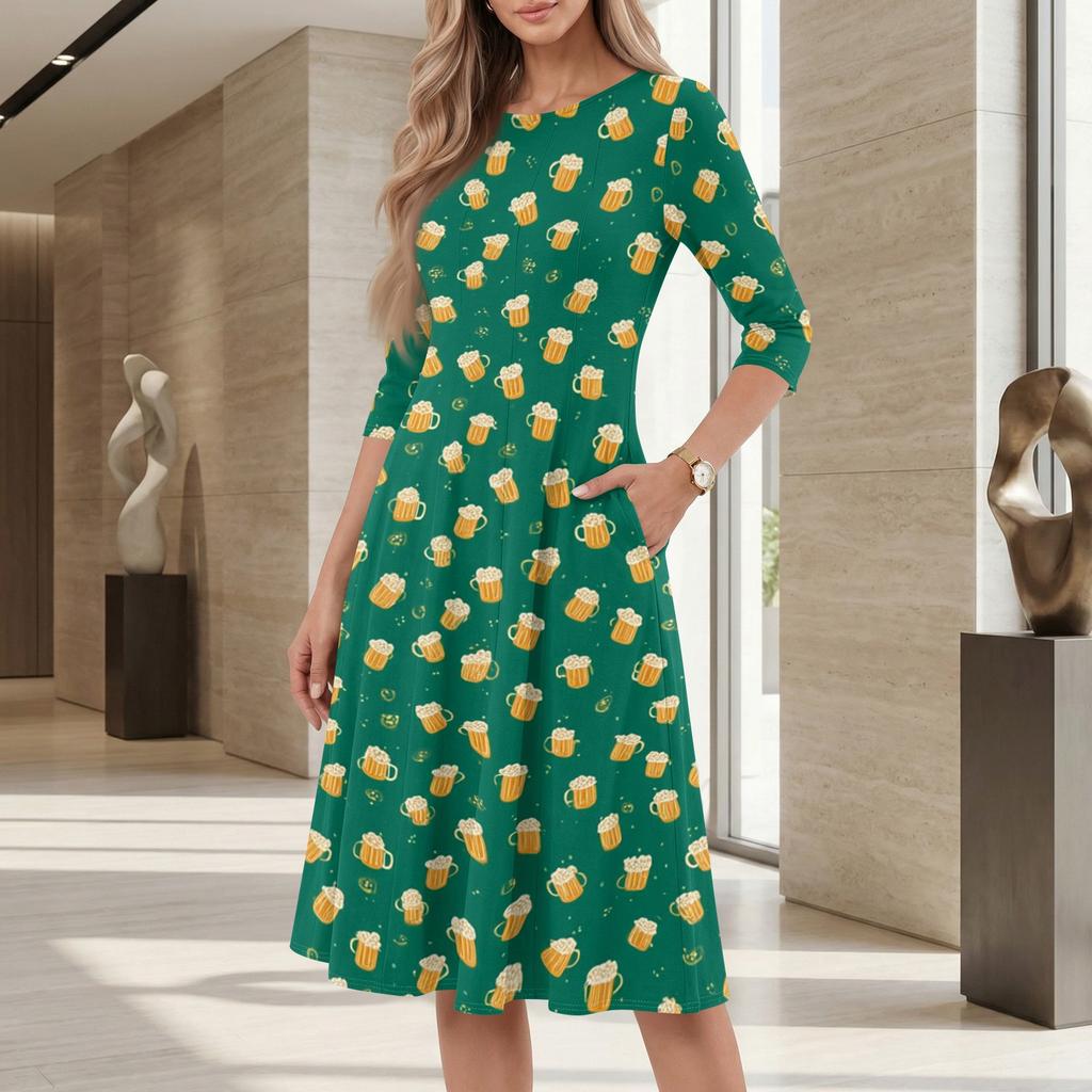 Casual Mid-Length Dress with Round Neck and Three-Quarter Sleeves Featuring Beer Glass Print Suitable for Everyday Wear and Events