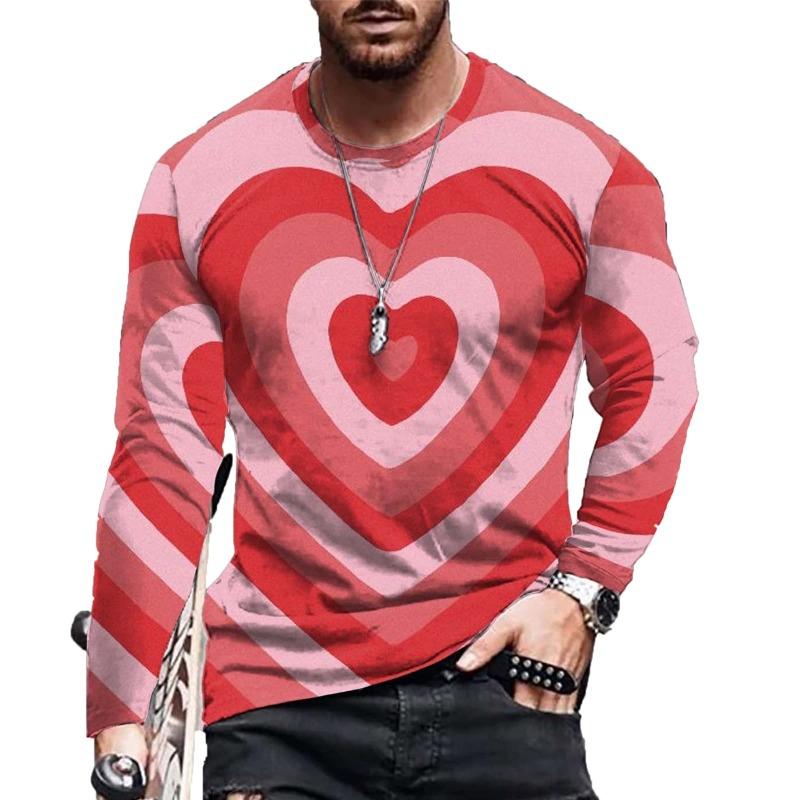 3D Printed Love Heart Swirl Print Summer Men's Crew Neck T-Shirt Casual Long Sleeve Loose T-Shirt Fashion Pullover Men Clothing