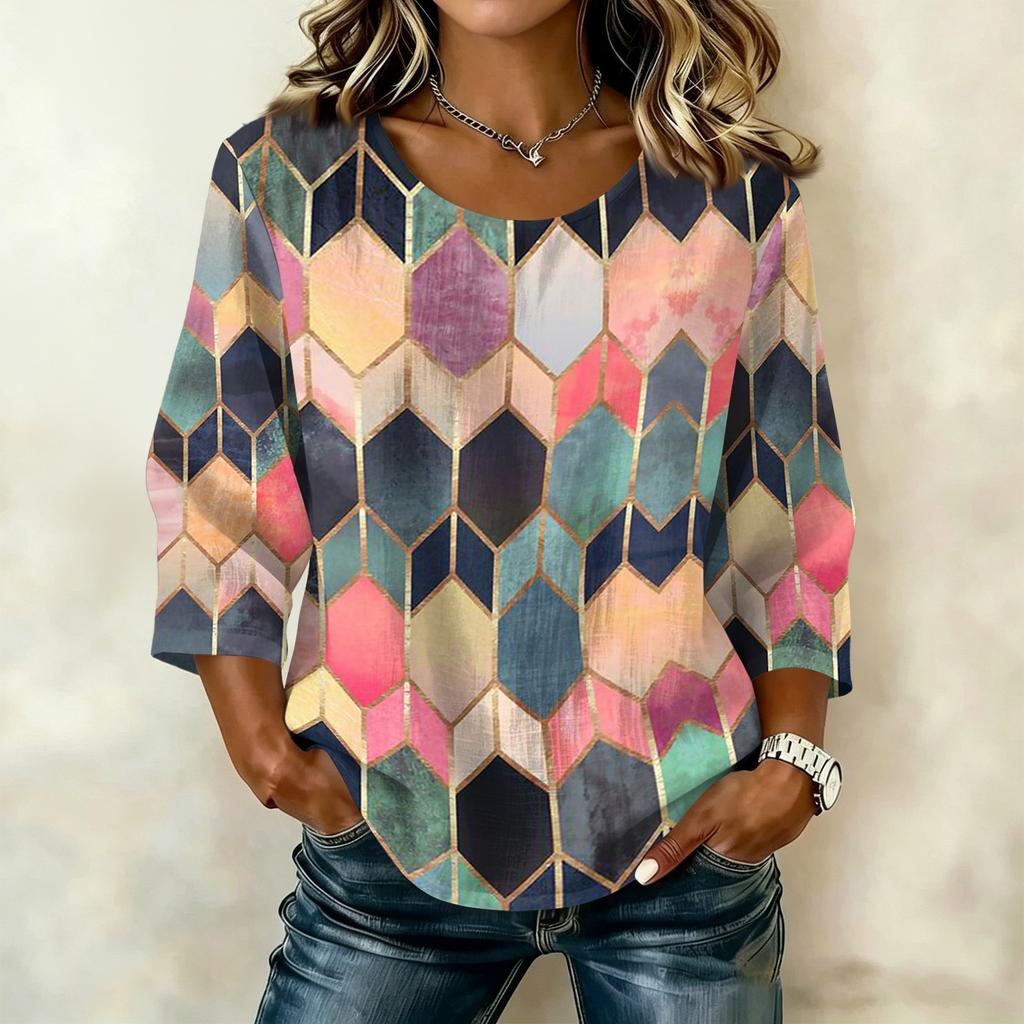 Blusa da Donna Casual con Stampa Floreale, Girocollo, Manica a Tre Quarti, Lino e Cotone, Top Leggero e Comodo per l'Uso Quotidiano