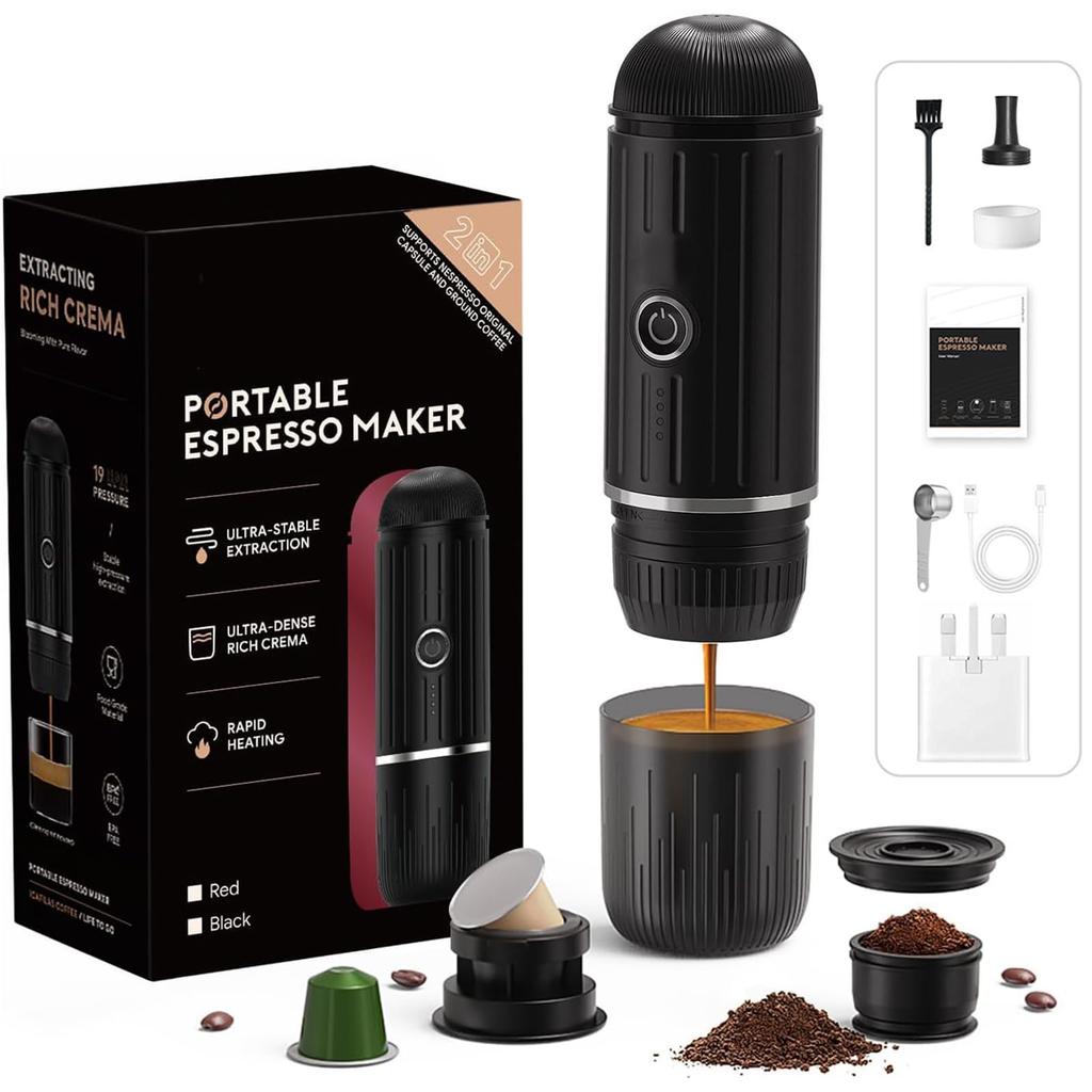 Portable Espresso Maker for Travel & Camping, Self-Heating 3-in-1 Coffee Machine Compatible with Nespresso, Dolce Gusto & Ground Coffee