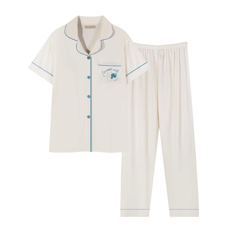 Factory Pajamas Women'S Two-Piece Set Japanese Simple Cardigan Short-Sleeved Trousers Loose Large-Size Loungewear Can Be Worn Outside