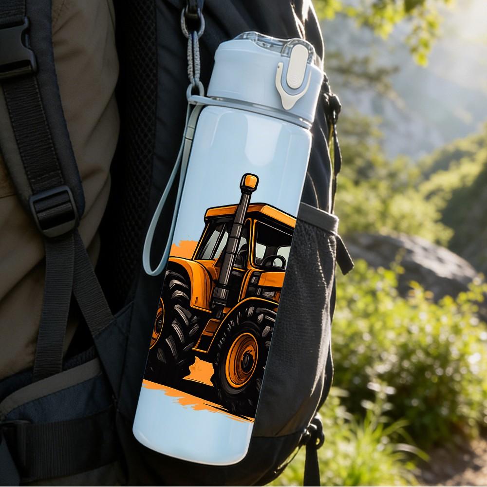 1PC Yellow Heavy Bulldozer Construction Pattern 750ml Color Plastic Sports Water Bottle Leakproof Flip Straw Lid Suitable for Sports Office Home Use