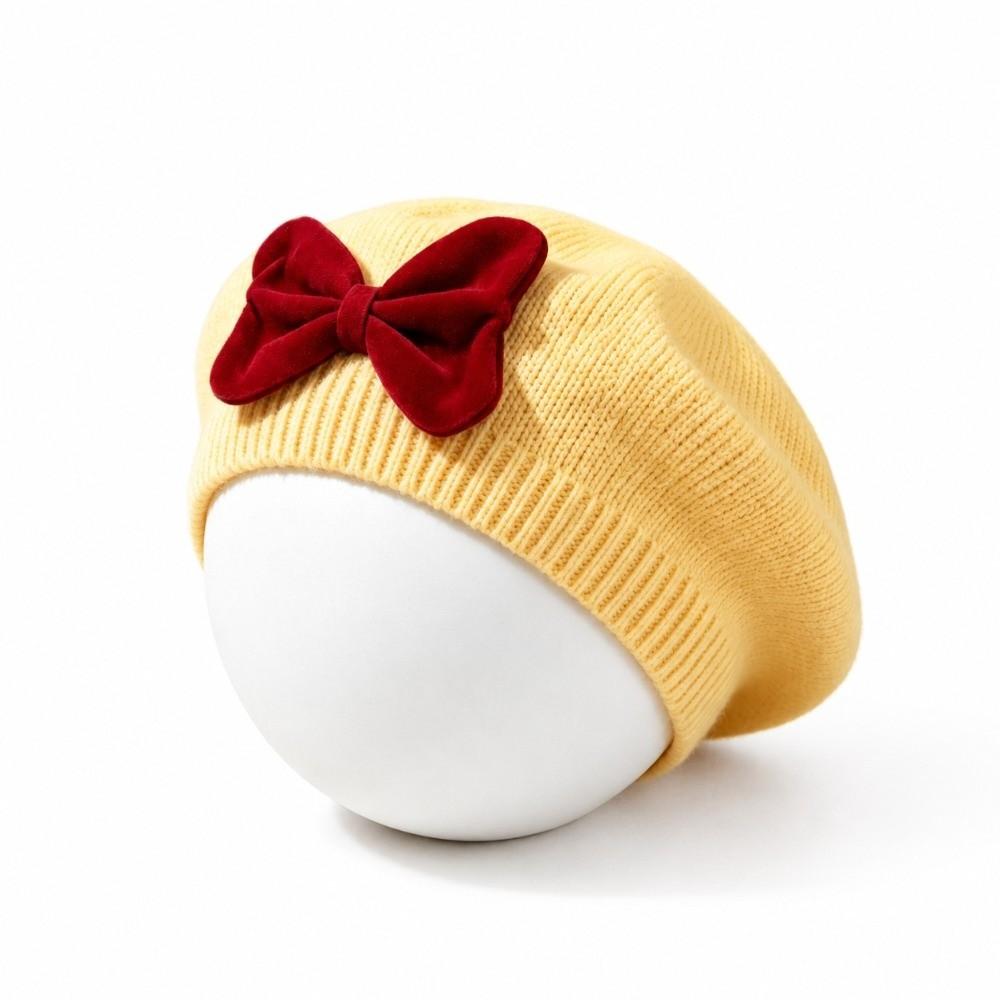 Solid Color Girls Bow Hat Warm Kid Beret Cap Fashion Children Bow Beret  For 6M-3Y