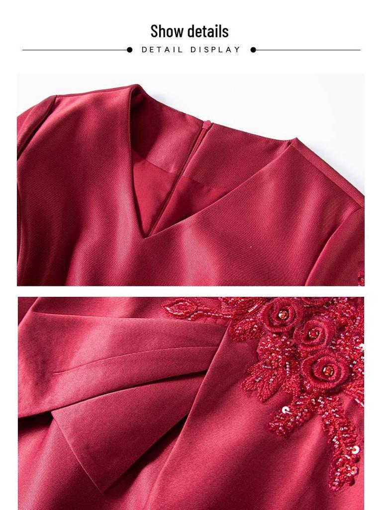 2024 Spring Red Elegant Two-Piece-Style Slimming Dress for Middle-Aged Women