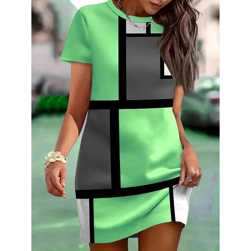 Damen kariertes Muster Mode Minikleider Sommer Kurzarm 3D-Druck Street Damenkleid 3XL Übergröße Freizeitkleid