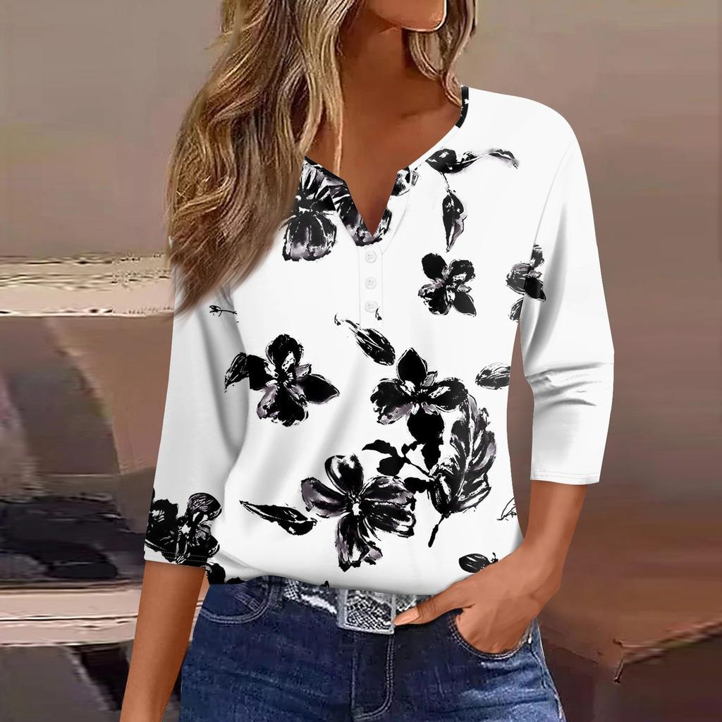 Damenmode, lässig, bedrucktes Muster, Dreiviertelärmel, V-Ausschnitt, Damenoberteil