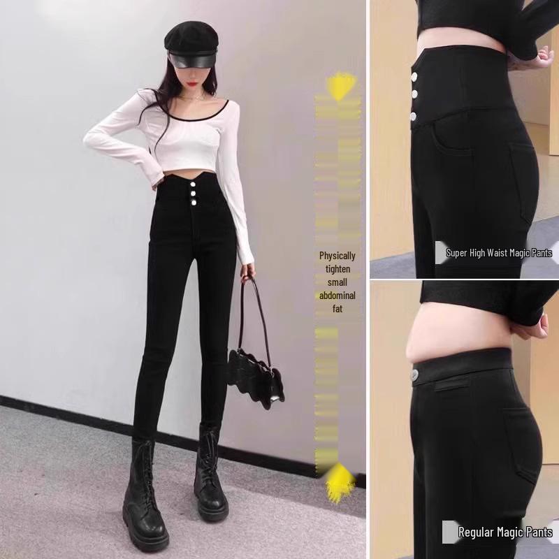 High-Waisted Black Base Layer Pants for Women - Plus Size, Thickened, Elastic, Perfect for Spring & Autumn, Ideal with Boots.
