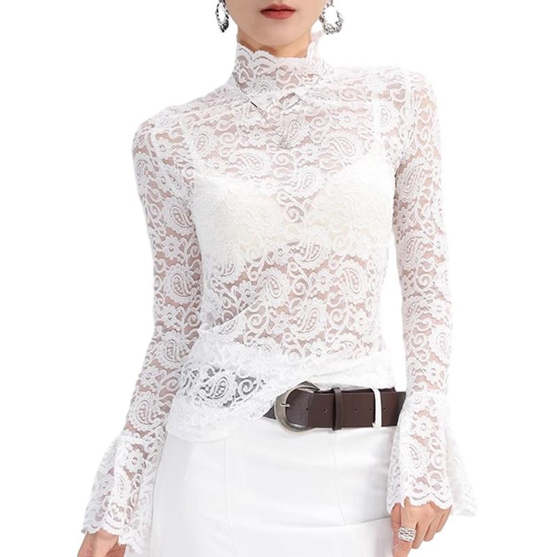 Women's Flower Lace Turtleneck Mesh Top Elegant Pullover
