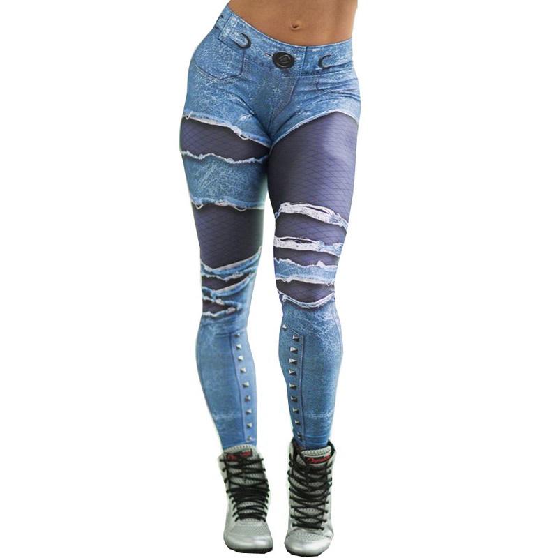 Modische Damen Sexy Hüfthebende Denim-Print Sport Yoga Leggings