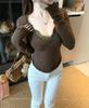 Lace Patchwork V-neck Long-sleeve Slim Fit Winter Top - Women's Sexy Waist-cinching Base Layer