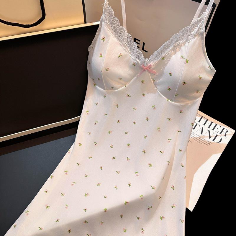 

Ночная сорочка-майка с цветочным кружевом, с нагрудными вкладышами и юбкой - Женская сексуальная летняя пижама XXL (Recommended Weight 60-65 kg)