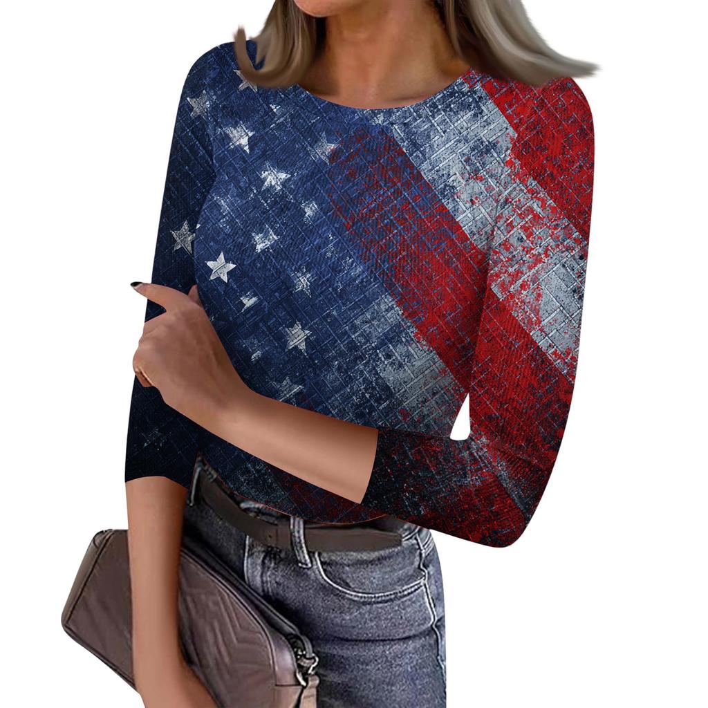 Women's Casual Fashion Round Neck Independence Day Print Three-Quarter Sleeve Ribbed Top