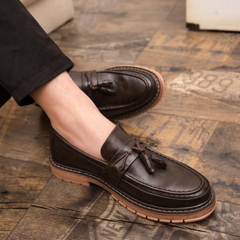 Thick Sole Platform Round Toe Men's Leather Shoes with Tassels Office Loafers Male Casual Shoe Slip-on Retro Sale New In Social
